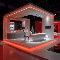 a bathroom with white bathtub next to red and white lighting