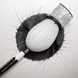 a pen is laying beside a fake white ball on the ground
