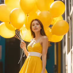 a woman in a yellow dress holds up many yellow balloons
