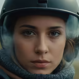 a woman wearing a helmet and scarf with smoke in the foreground