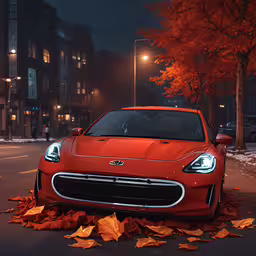a red car parked in the middle of a leaf strewn sidewalk,a red car parked in front of a forest of leaves