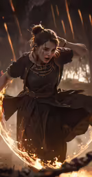 a woman dancing around in the dark with bright lights