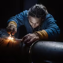 a woman is holding an object and welding