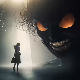 a woman in a dress and scary face appears to be on the moon