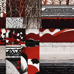 several different designs made with different colors on a bench,many different colorful lines and shapes on the same wall