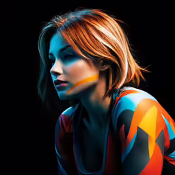 a woman with a colorful body paint posing for a portrait