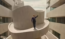 a man in a tuxedo is standing on a sculpture