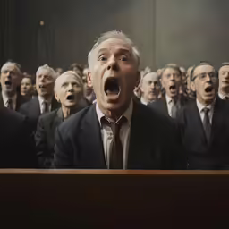 a group of people in suits singing while others look on