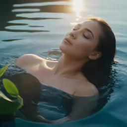 a beautiful woman laying in the water next to a tree