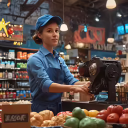 a woman in blue uniform at a shop looking at goods