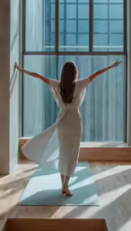 a woman in white dress standing at window