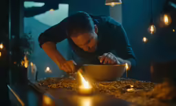 a man is doing work with candles while holding a bowl