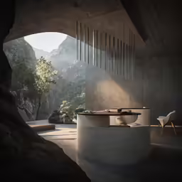 an oval kitchen in a cave under a mountain