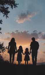 family silhouetted in a field holding hands