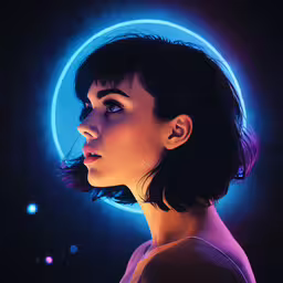 this artwork shows an animated girl wearing a white dress with headband in neon light,a woman wearing a black top with a blue neon circle behind her