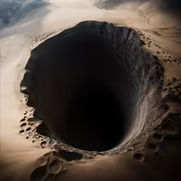 an aerial shot of sand dunes with a hole in the middle