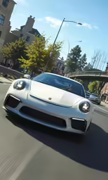 a white porsche sports car is speeding down the road