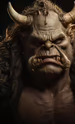 the troll has a horned face and thick beard