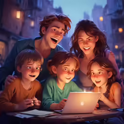 a family smiles and looks at their computer