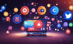 a computer is shown with various icons above it,a laptop with social icons hovering around it