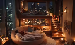 the bedroom is set up with multiple beds and lights on them