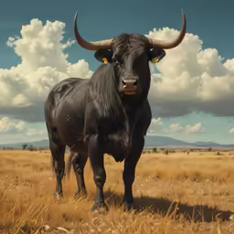a large black cow with large horns standing in a grassy field