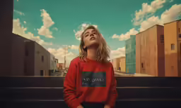 a woman wearing a red sweatshirt and jeans sitting on steps with buildings in the background