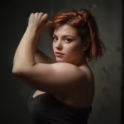 a woman in a black top posing with her arm around her head