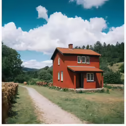 a house sits out on the dirt road