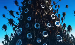 a pole with many eyeballs on it, and blue sky