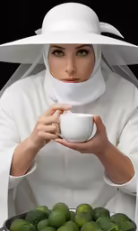 a woman is holding up her coffee cup in a bowl