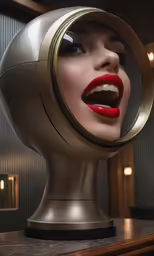 woman with red lips is looking into a mirror