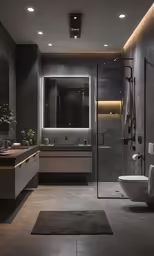 a modern bathroom with marble flooring, toilet, sink, and shower stall