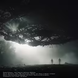 two people walking through the fogy landscape of a forest