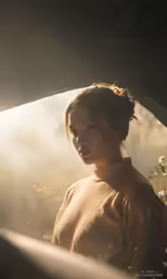 a woman is standing in the back seat of a vehicle