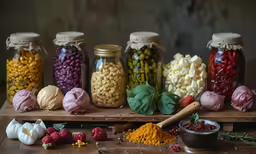 jars of food and spices are on a table