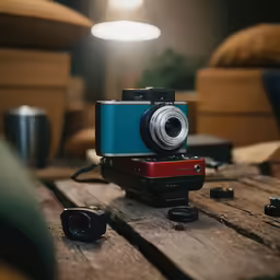a camera sitting on top of a wooden table
