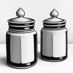 two jars and one cup with a lid in black and white