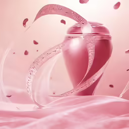a pink vase is filled with water and pink ribbons