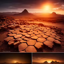the sunset over a sandy plain with some rocks