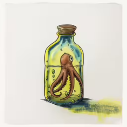 an orange and brown octopus in a glass jar,an octopus is swimming inside of a bottle