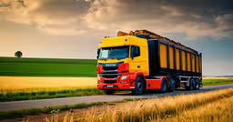 a yellow and red truck traveling on a road through grass,a yellow and red truck driving down the road
