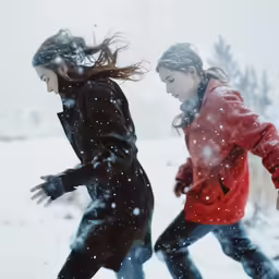 two women on snowboards traveling in the snow