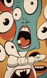 a painting with several faces and two arms on it