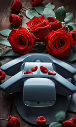 a couple of red roses on top of an object