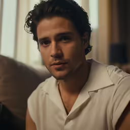 a man sitting on top of a couch wearing a white shirt