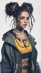 the model with her dreadlocks and bra