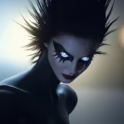 a lady with scary blue eyes and black makeup