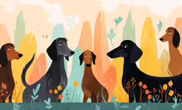 three dogs are standing in a forest, looking at each other