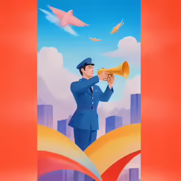 a man holding a trumpet standing in front of a city
